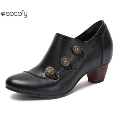 Socofy Vicconfy Genuine Leather Ethnic Style Handmade Vintage Literary Buckle Heels