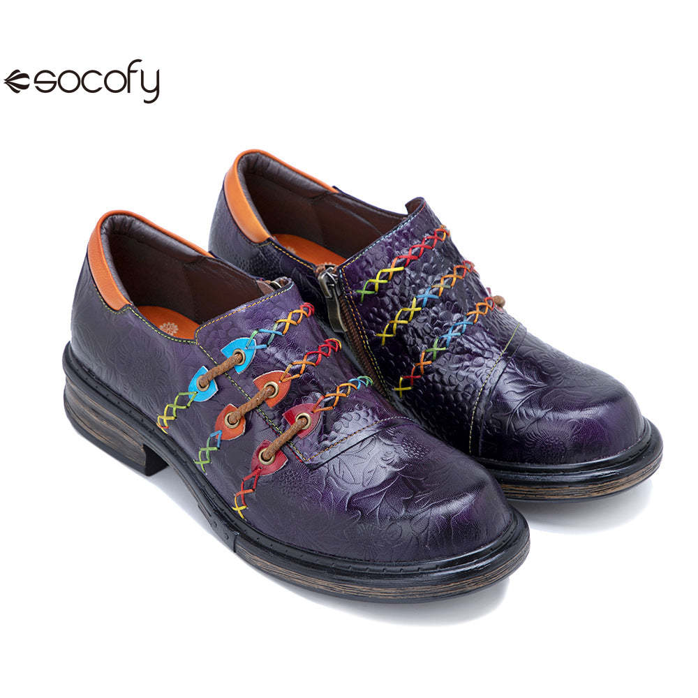 Socofy Genuine Leather Colourful Rope Deco Ethnic Printed Women's Flat Shoes