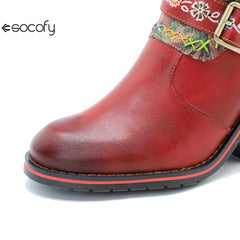 Socofy Vicconfy Handmade Color Rubbed Leather Printed Belt Buckle Chunky Heel Women's Boots