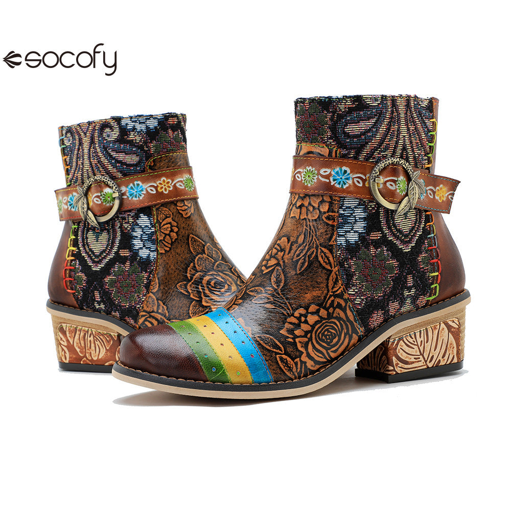 Socofy Vicconfy Genuine Leather Floral Vintage Casual Comfort Ankle Boots