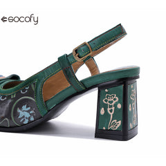 Socofy Handmade Leather Cubic Embossed Heeled Sandals