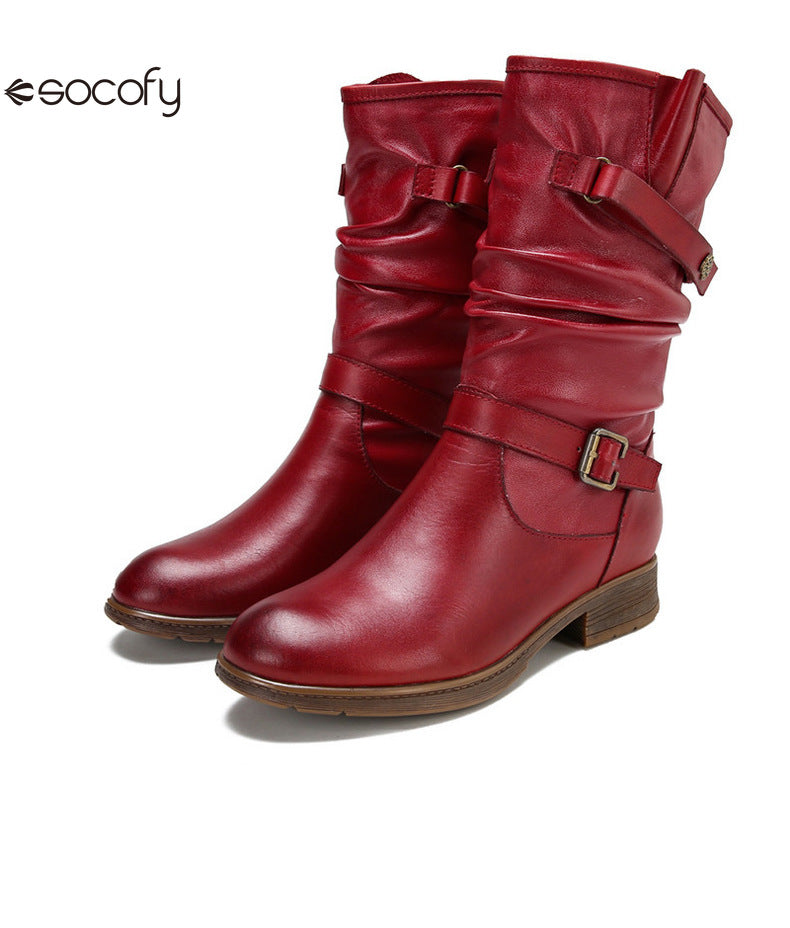 Socofy Vicconfy Genuine Leather Buckle Deco Cowhide Flat Long Boots