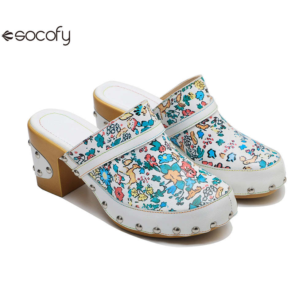 Socofy Handmade Leather Crushed Flower Rustic Casual Fashion Comfortable High Heeled Sandals