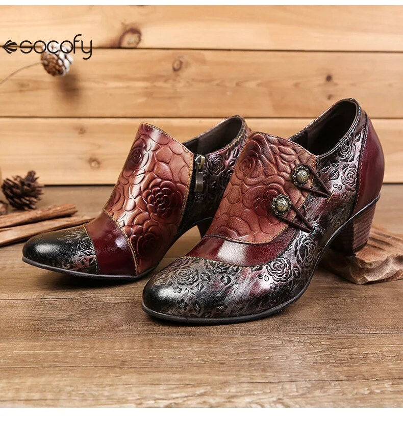 SOCOFY Genuine Leather Ethnic Style Pumps