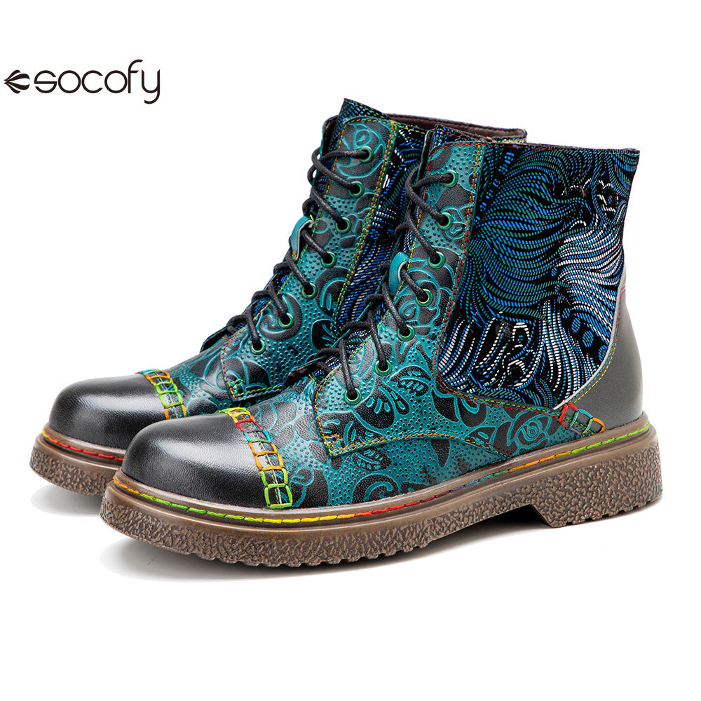 Socofy Vicconfy Genuine Leather Handmade Printed Comfortable Flat Boots