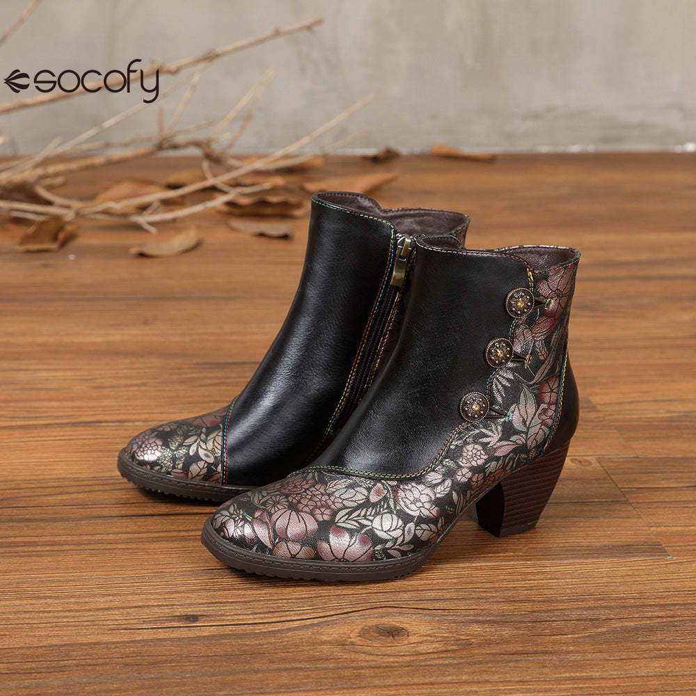 Socofy Leather Retro Flowers Fashionable Zipper Heel Boot