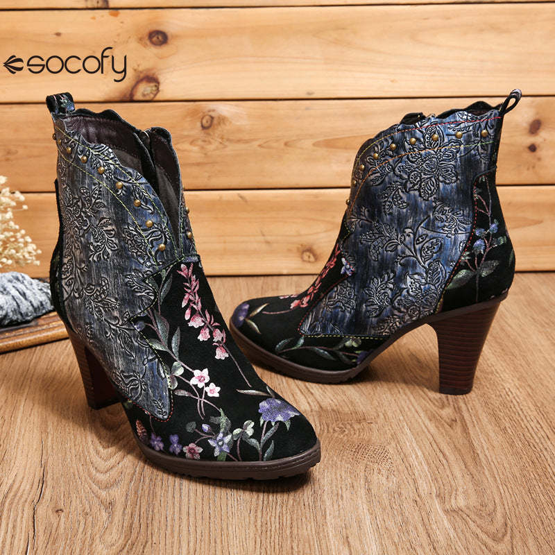 Socofy Vicconfy Vintage Genuine Leather Boots Floral Women's Boots