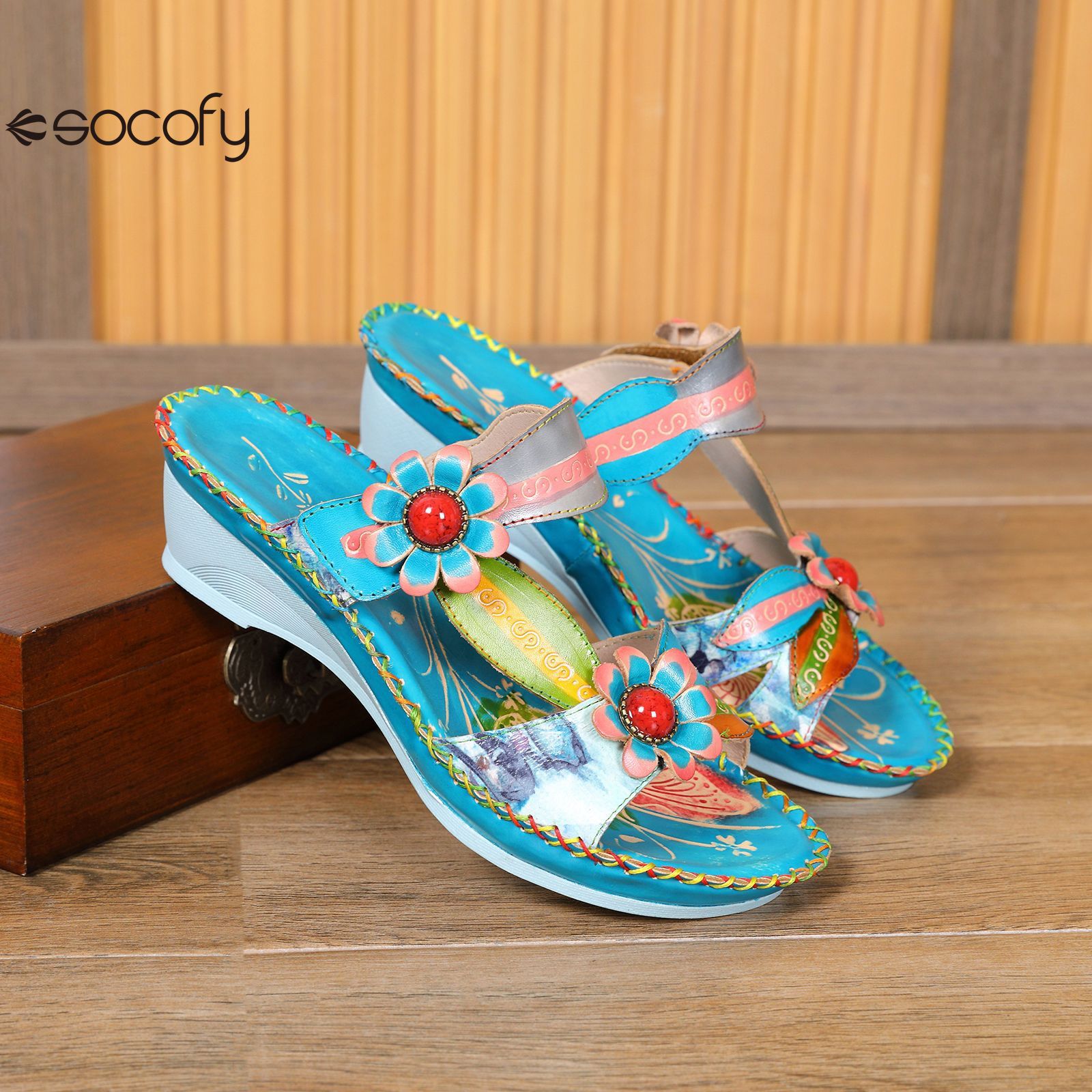 Socofy summer fashionable flower women's shoes ethnic style retro casual leather wedge slippers