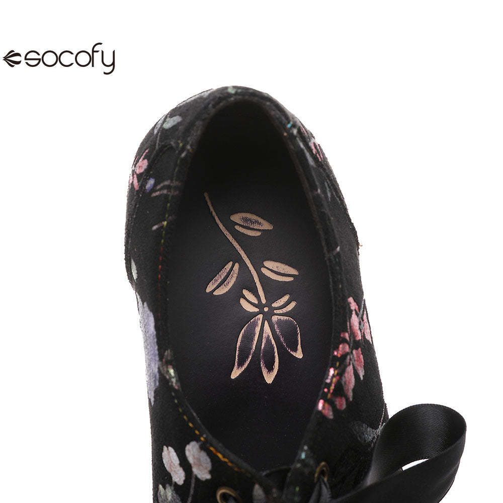 Socofy Flower Antique Style High Heel Round Toe Women's Shoes