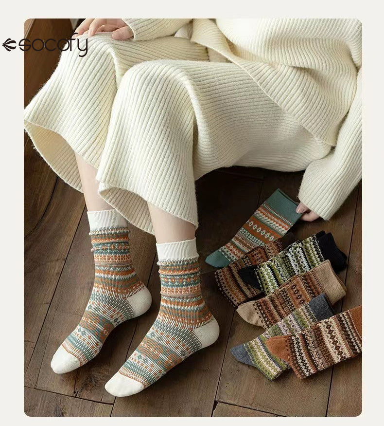 Socofy Vicconfy Mid-calf Socks Vintage Ethnic Striped Cotton Socks