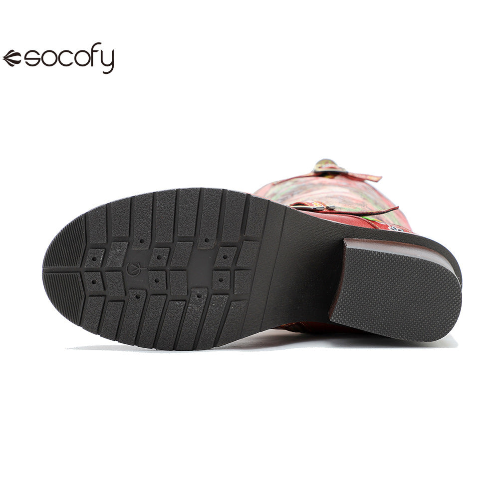 Socofy Vicconfy Handmade Color Rubbed Leather Printed Belt Buckle Chunky Heel Women's Boots