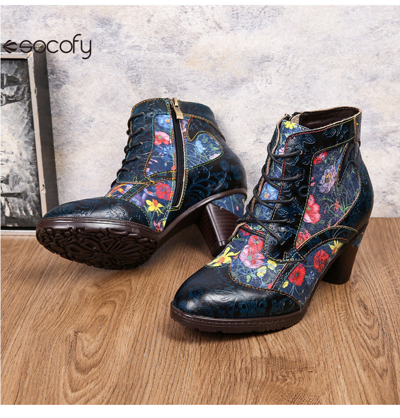 Socofy Vicconfy Vintage Floral Cowhide Ethnic Women's Leather Boots