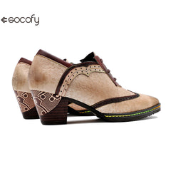 Socofy new spot genuine leather retro style contrasting brogue casual women's thick heel high heels