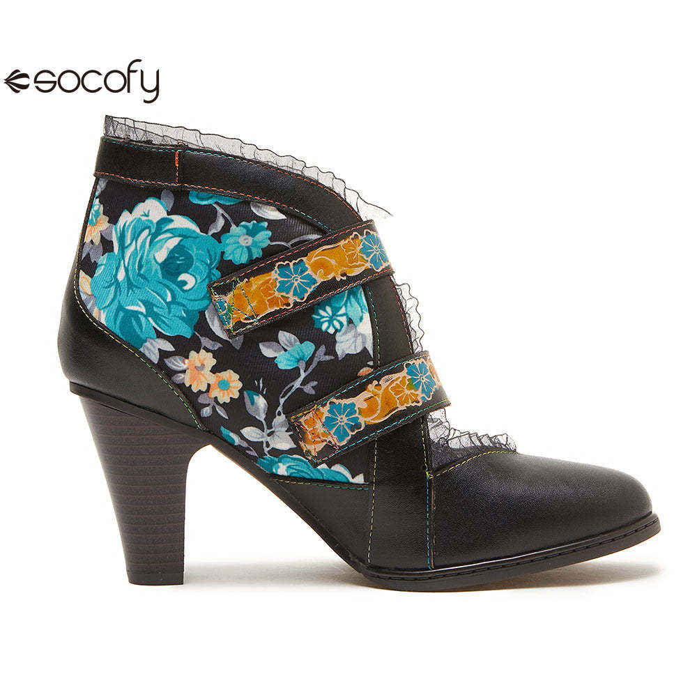 Socofy fashionable ethnic style stiletto heel round toe genuine leather boots for women