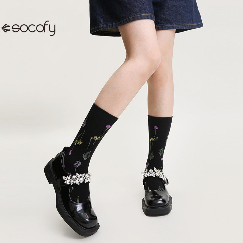 Socofy Vintage mid-calf socks for women combed cotton fashion socks