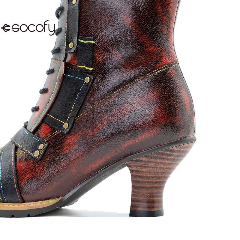 Socofy Leather Vintage Boots High Heeled Boots