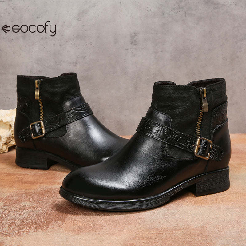 Socofy Vicconfy Women's Round Toe Cowhide Ethnic Leather Boots Fashion Boots