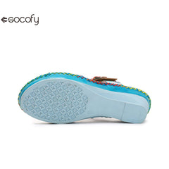 Socofy summer fashionable flower women's shoes ethnic style retro casual leather wedge slippers