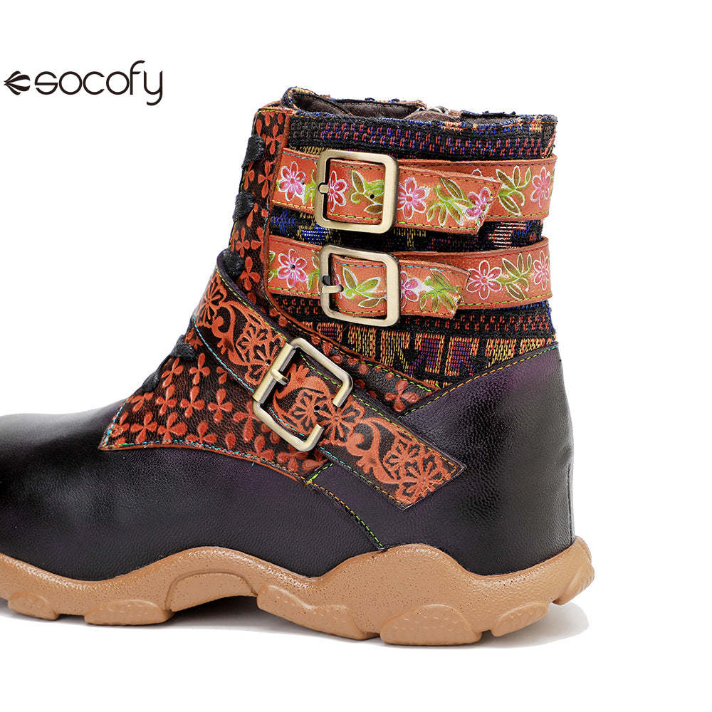 Socofy Vicconfy Leather Handmade Color Rubbed Printed Belt Buckle Flat Women's Boots