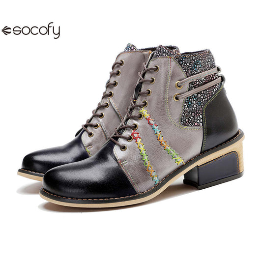 Socofy Vicconfy Handmade Leather Scuffed Vintage Women's Boots 1000