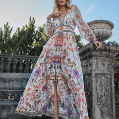 Silk placement printed rhinestone long sleeve dress