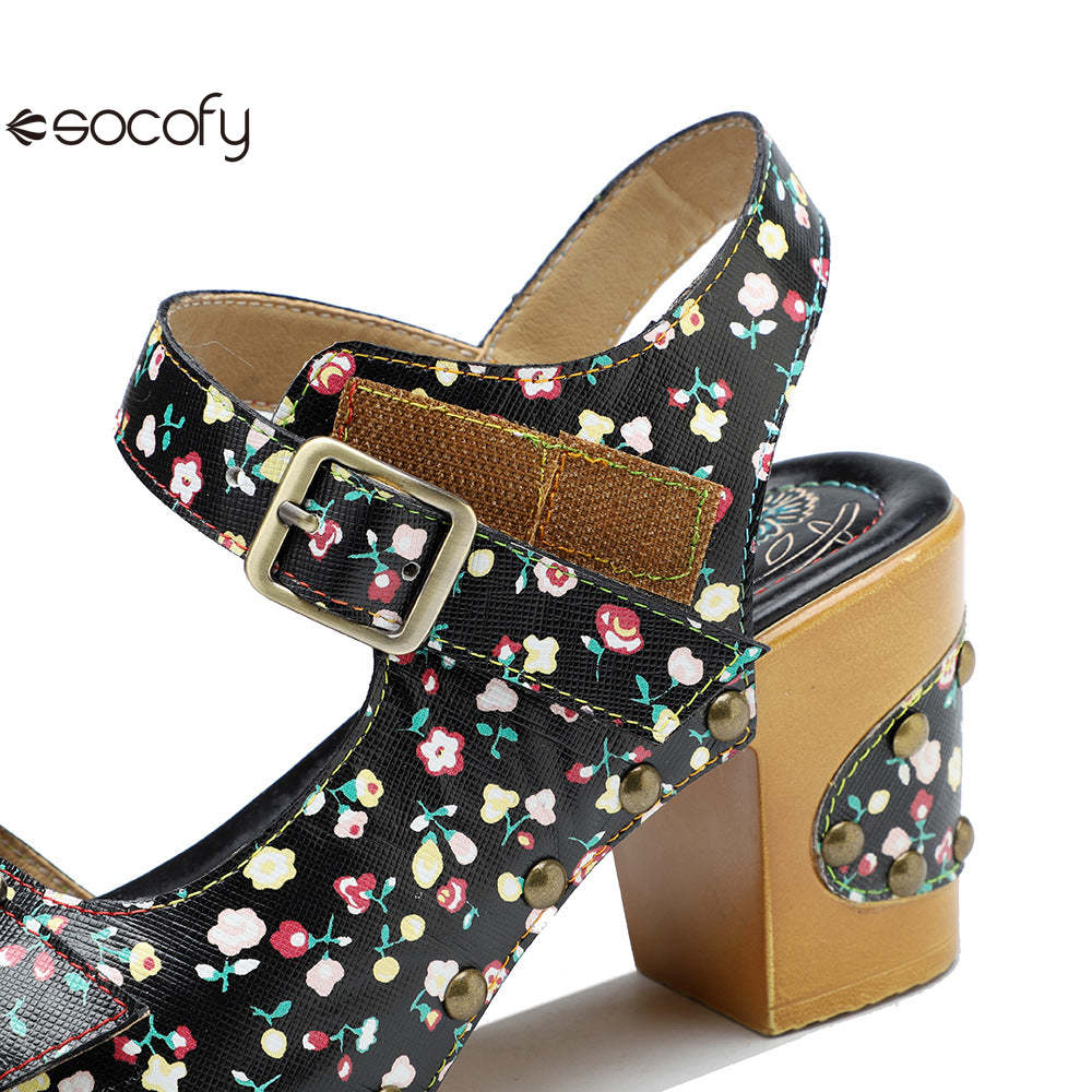 Socofy Leather Vintage Floral American Rustic Heeled Sandals