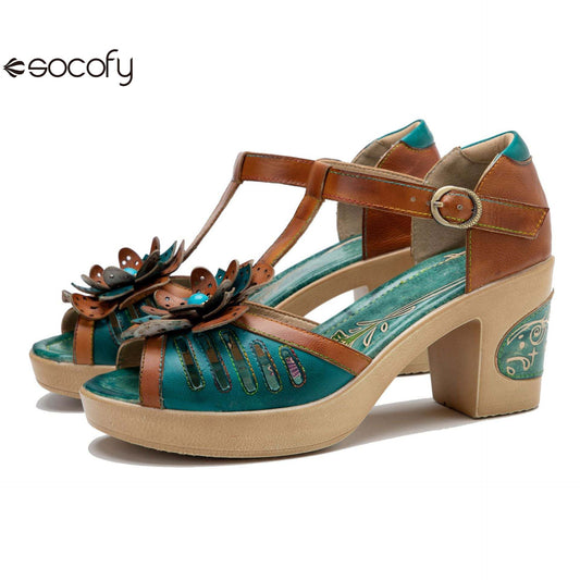 Socofy spring and summer leather retro casual three-dimensional flowers buckle strap women's sandals 1920