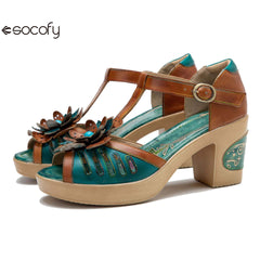 Socofy spring and summer leather retro casual three-dimensional flowers buckle strap women's sandals