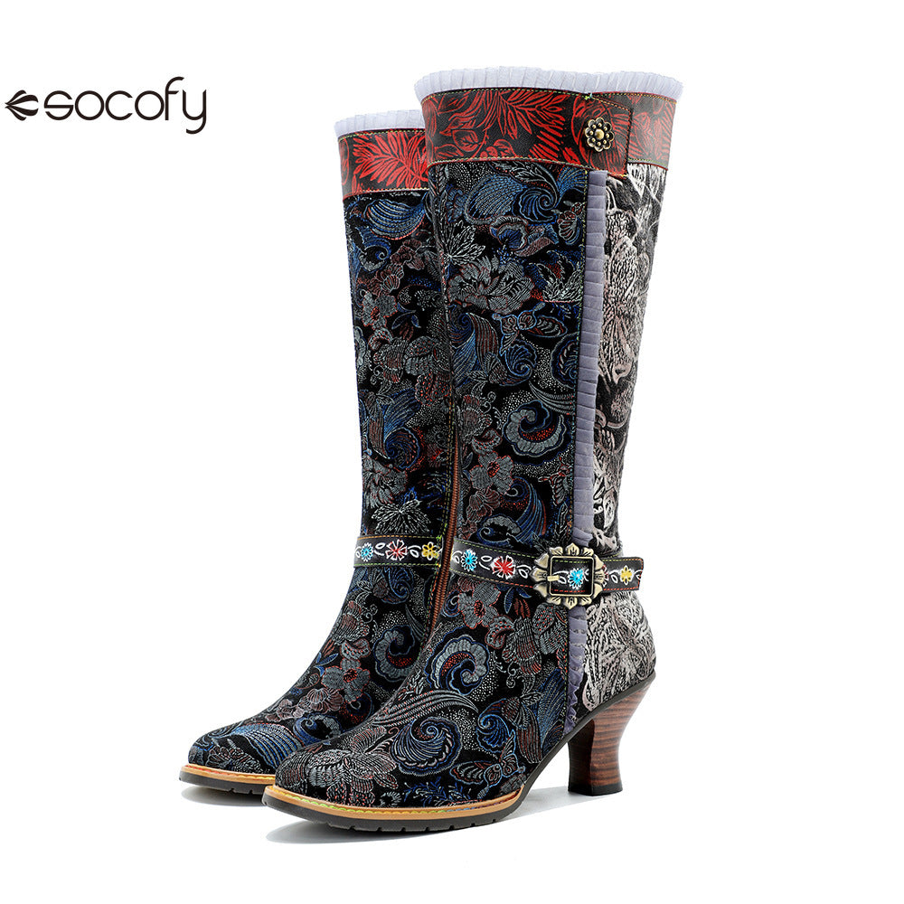 Socofy Genuine Leather Vintage Boots Warm Lace Side Heeled Boots