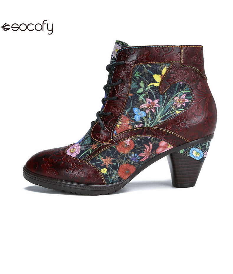 Socofy Vicconfy Vintage Floral Cowhide Ethnic Women's Leather Boots