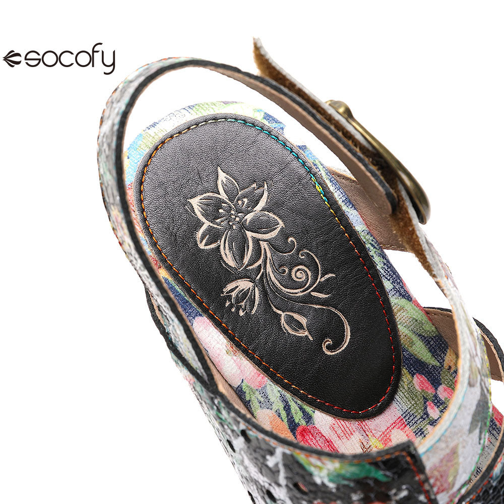 Socofy Vicconfy Leather Floral Heeled Black Sandals