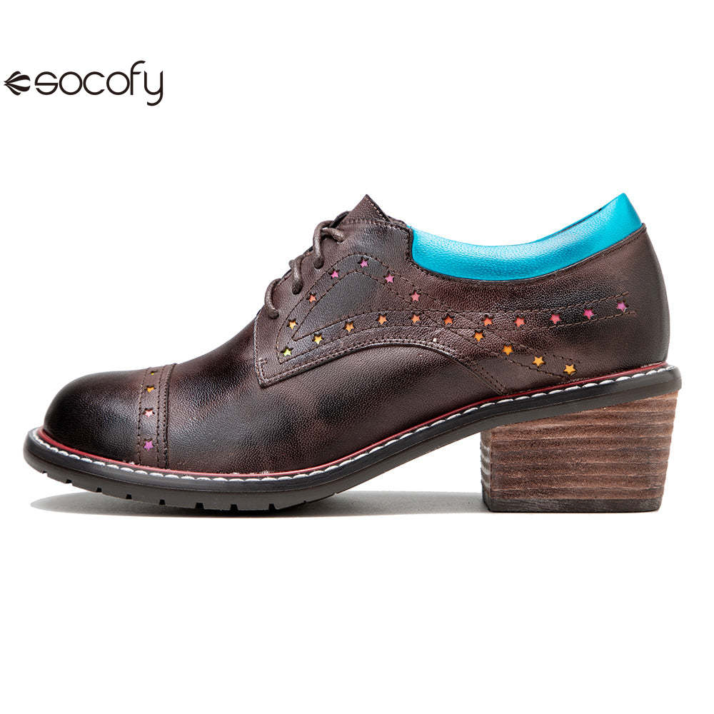 Socofy Leather Star Deco Lace Up Chunky Heel Single Shoes