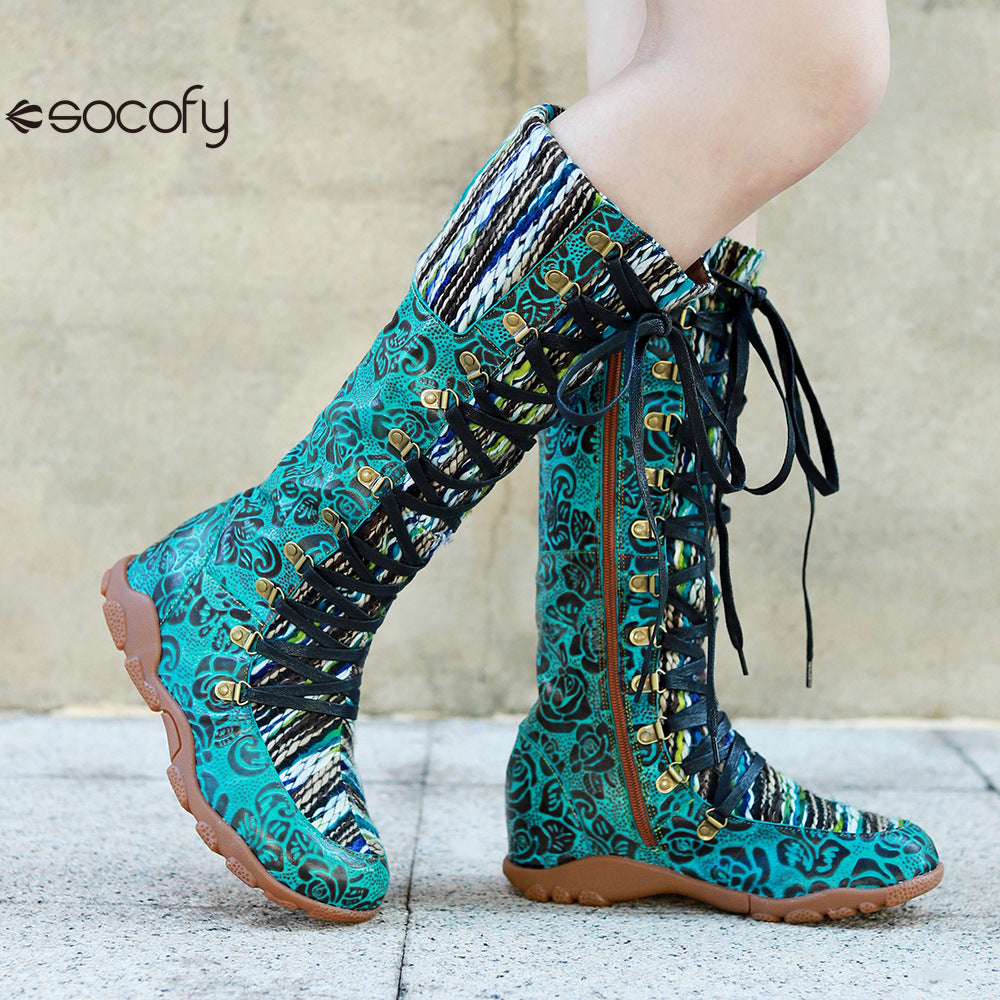 Socofy Genuine Leather Vintage Printed Wool Lace Up Comfortable Flat High Boots