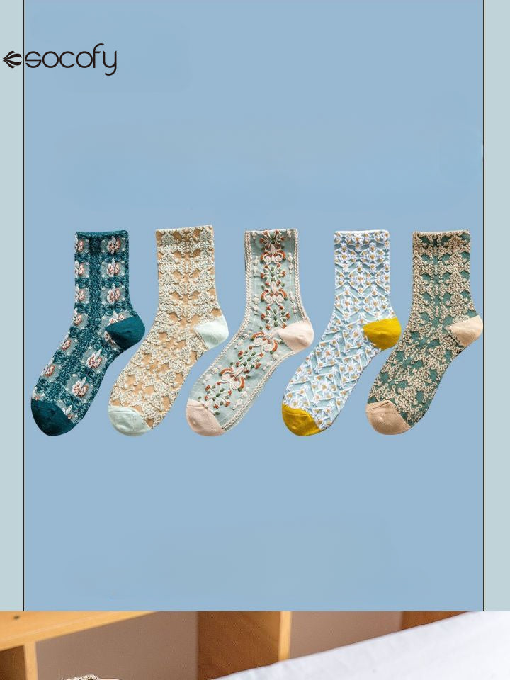 Socofy Vicconfy Vintage Cubic Embossed Socks Floral Mid-Calf Women's Socks