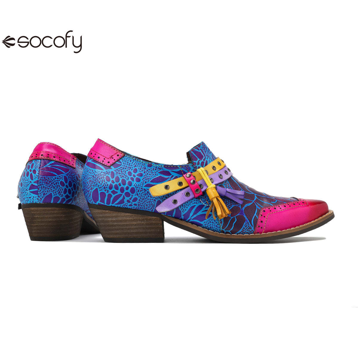 Socofy Leather Vintage Cowboy Style Women's Shallow Mouth Single Shoes