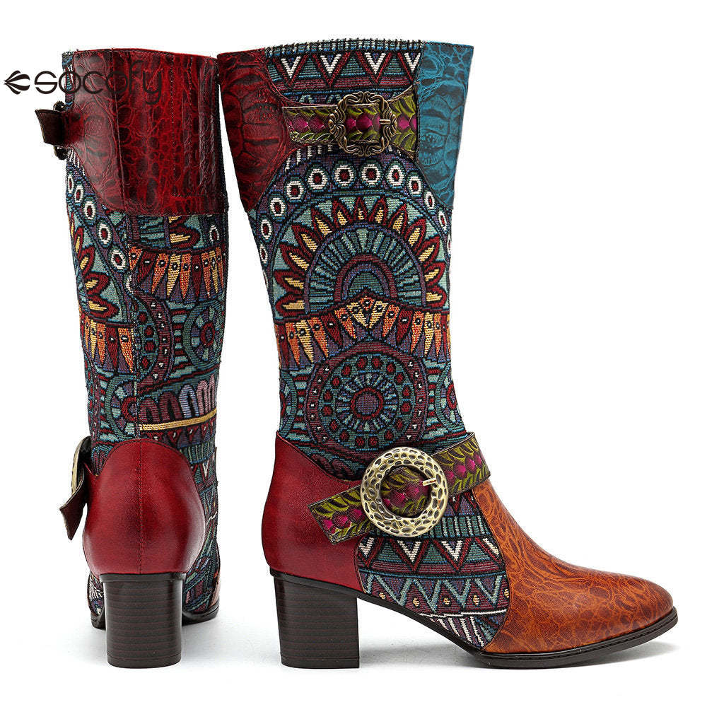 Socofy pointed-toe adhesive-soled high-top cowhide bohemian ethnic style fashion boots