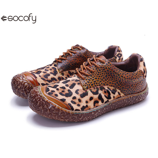 Socofy Vicconfy Genuine Leather Handmade Leopard Print Casual Comfort Loafers 1000