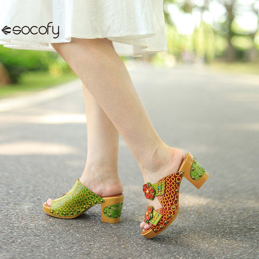 Socofy Spring and summer genuine leather retro flower comfortable thick heel high heel sandals