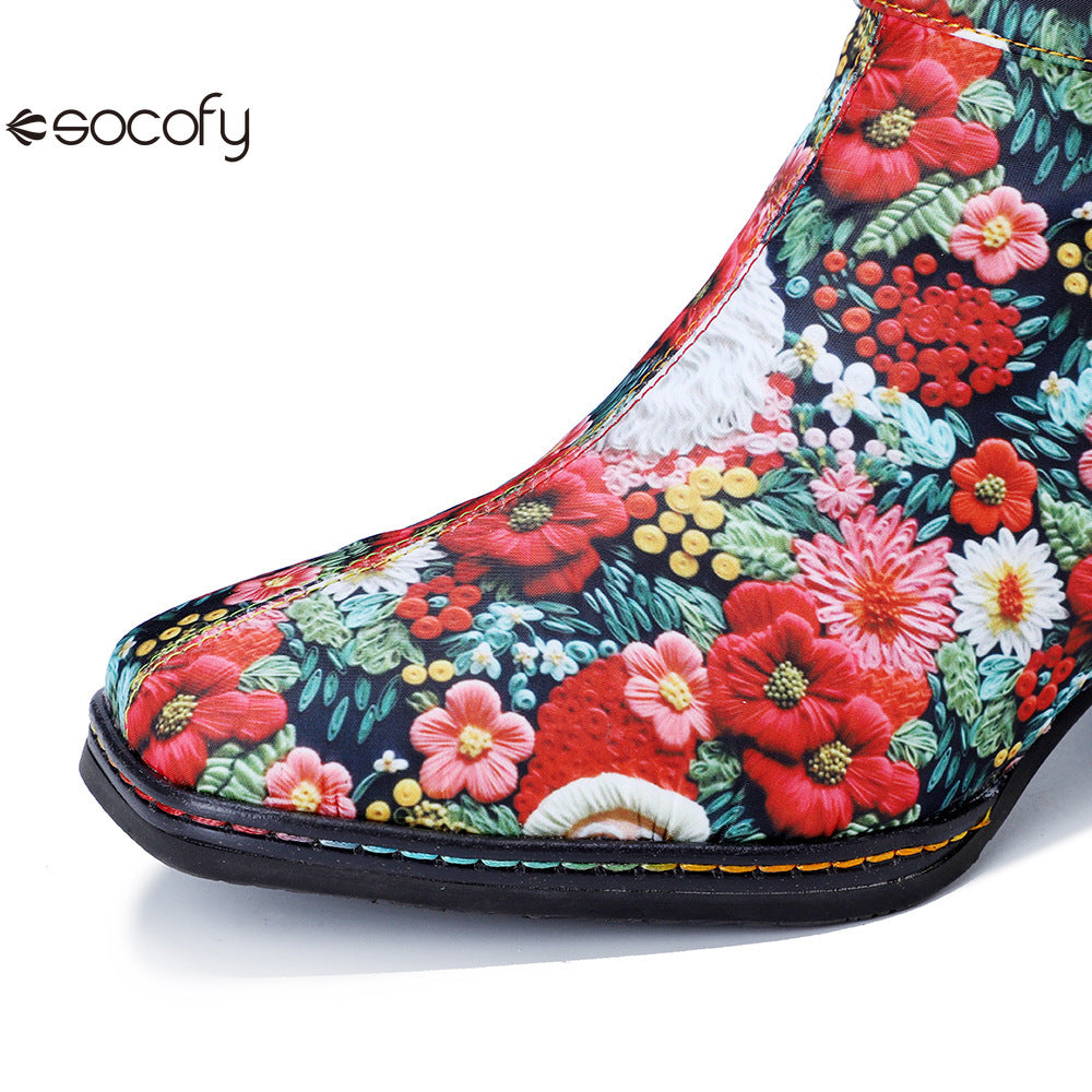 Chrismas Exclusive｜Socofy Vicconfy Vintage Print Casual Chunky Heel Comfort High Boots