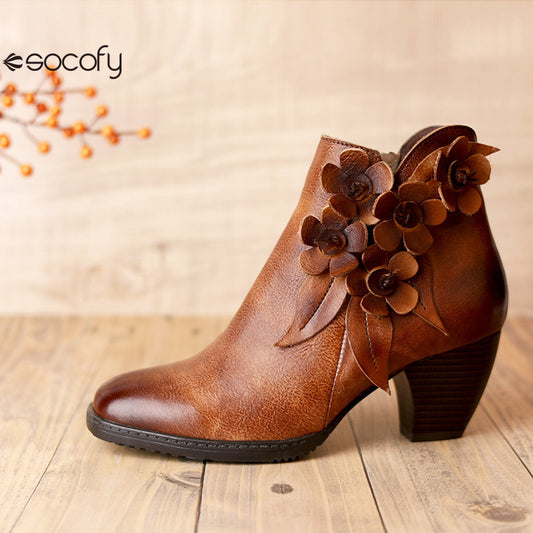 Socofy Genuine Leather Handmade Square Toe Vintage Handmade Flower Boots Woman 790