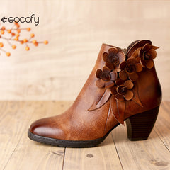 Socofy Genuine Leather Handmade Square Toe Vintage Handmade Flower Boots Woman