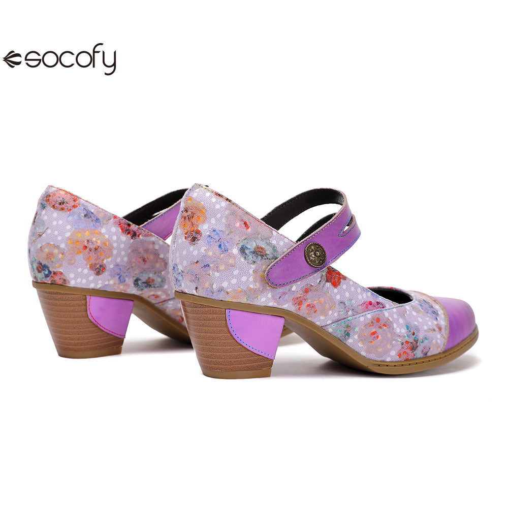 Socofy Vicconfy Genuine Leather Ethnic Vintage Style High Heeled Shoes