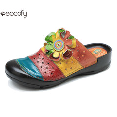 Socofy genuine leather handmade hollow three-dimensional flower comfortable flat slippers