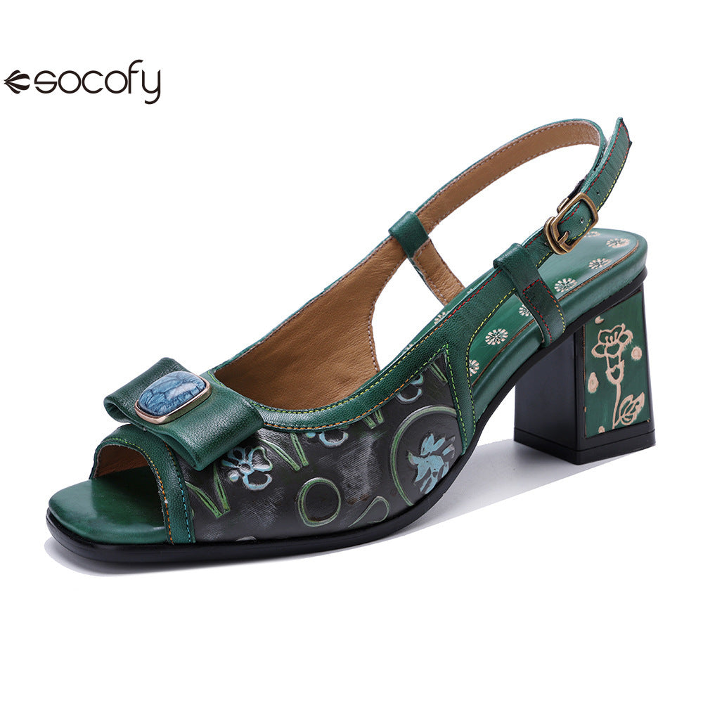 Socofy Handmade Leather Cubic Embossed Heeled Sandals