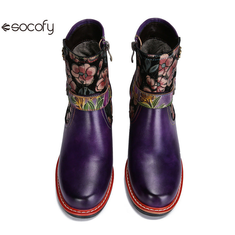 Socofy Vicconfy Genuine Leather Cubic Embossed Romantic Vintage Floral Heeled Ankle Boots