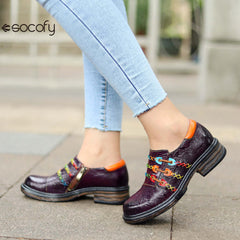 Socofy Genuine Leather Colourful Rope Deco Ethnic Printed Women's Flat Shoes