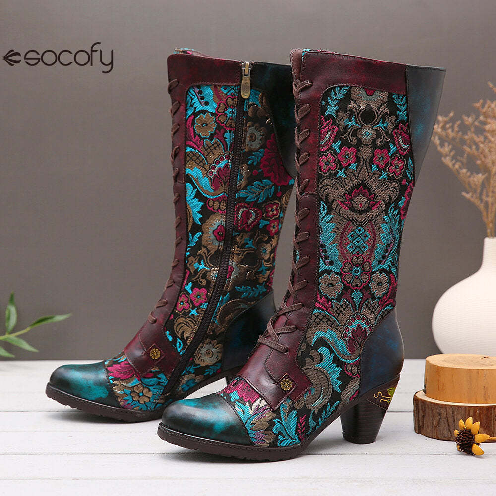 Socofy Autumn and winter women's high-heeled warm and wear-resistant high round toe boots for women