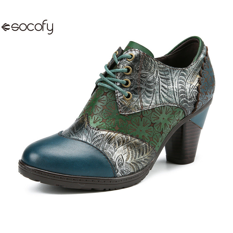 Socofy Genuine leather three-dimensional flower high heel pump