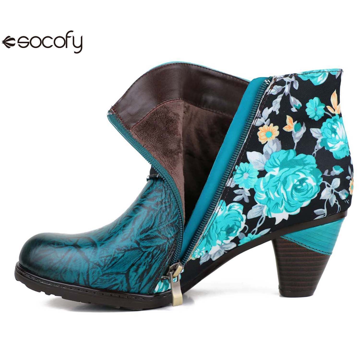 Socofy Autumn ethnic style cowhide thickened mid-calf round toe fashion boots for women