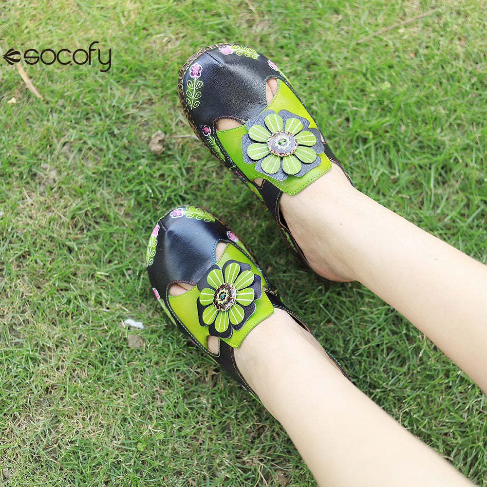 Socofy Flat Flower Daily Home Casual Back Heel Half Slippers Women